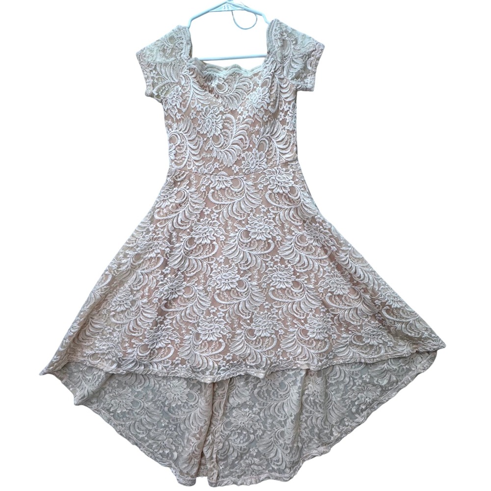 City Triangles Hi-Low Lace Dress Womens 4 Peach Floral Cap Sleeve Romantic